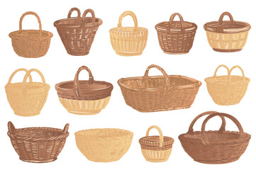 Fototapete - Cartoon handmade baskets mega set elements in flat graphic design. Bundle objects of brown wicker rattan containers with handles, handcraft straw hampers, braided rural basketry. Vector illustration.