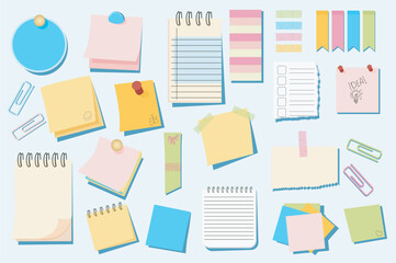Aufkleber - Cartoon sticky notes mega set elements in flat graphic design. Bundle objects of circle or square paper pages with pins, torn notepad sheets, to do lists, memo message reminders. Vector illustration.