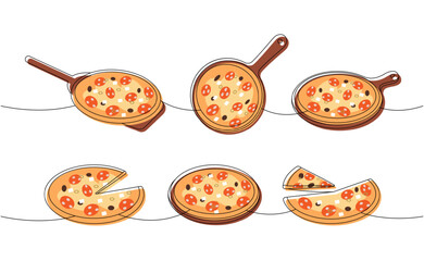 Wall Mural - Set of pizza on wooden boards one line colored continuous drawing. Traditional italian fast food continuous one line illustration. Vector illustration