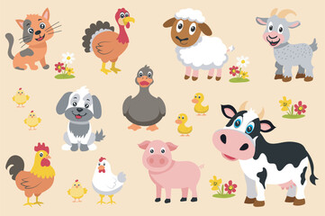 Aufkleber - Cute farm animals mega set elements in flat graphic design. Bundle objects of funny cat, turkey, sheep, goat, chicks with chicken and rooster, dog, duck with duckling, cow, pig. Vector illustration.