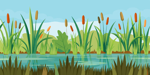 Swamp grass seamless border, vector reed plant, marsh bush, pond cattail shrub, cartoon nature clipart. Landscape river floral design element, green isolated blades, leaf vegetation. Swamp lake grass
