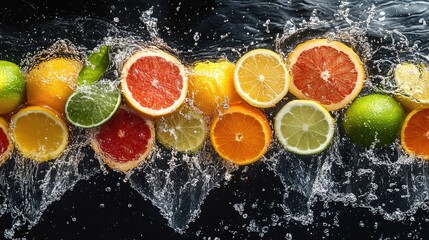 Wall Mural - Top view of a mix of citrus fruits splashing in water, with space available on the left