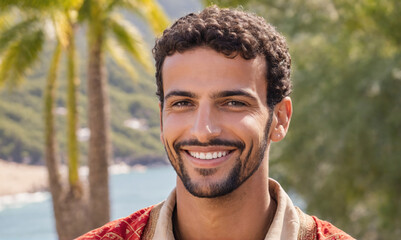 Smiling Young Man in Casual Attire Posing Outdoors Near Tropical Palm Trees