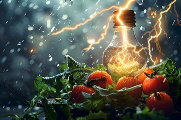 Canvas Print - Lightbulb with lightning and tomatoes.