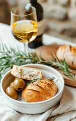 Freshly baked bread with olives and white wine on a rustic table