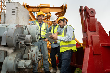 Wall Mural - Team engineers man worker checking machine and use tablet computer with spare crane background
