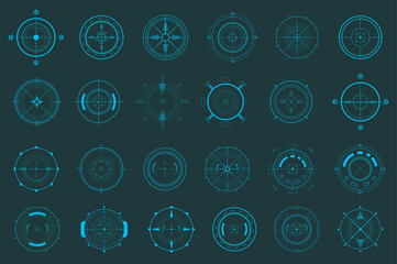 Aufkleber - HUD target pointer mega set elements in flat graphic design. Bundle objects of futuristic user interface with radars and dashboard infographic, military visual navigation system. Vector illustration.