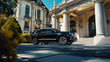 © Luluraschi - a luxury SUV black car in front of a majestic mansion, millionaire lifestyle