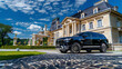 © Luluraschi - a luxury SUV black car in front of a majestic mansion, millionaire lifestyle