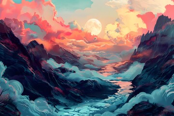 Sticker - Surreal Mountain Landscape with Full Moon and Pink Clouds.