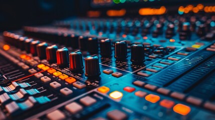 A recording studio control panel mixer with an equalizer faders buttons for broadcasting a recording of song