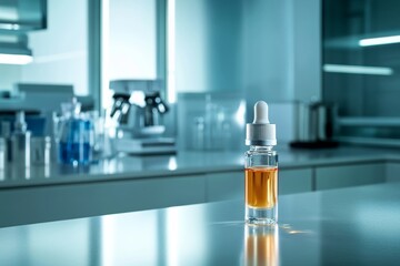 A clear glass vial containing vitamin C serum is positioned prominently on a smooth laboratory workbench with various scientific tools and equipment in the background