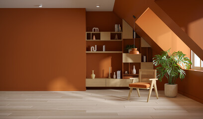 Wall Mural - modern mid century,Attic Living Room interior,wooden lounge chair , on orange wall mock up ,3d render