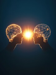 Poster - Silhouette of two human profiles facing each other with illuminated brains connecting via bright central light representing idea sharing.