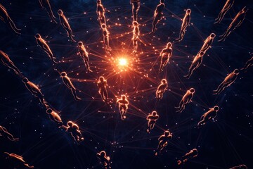 Fototapete - Group of digital human figures surrounding a bright central point, representing connection, network, or technology. Futuristic abstract concept.