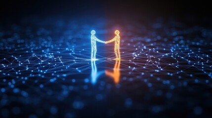 Fototapete - Digital illustration of two human figures shaking hands, representing connection, technology, and network interactions.