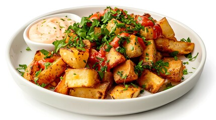 Plate of patatas bravas with spicy tomato sauce and aioli, crispy and flavorful, isolated on a white background