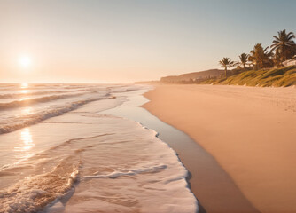 Golden Sunrise Over Serene Beach With Gentle Waves Lapping Shoreline and Palm Trees