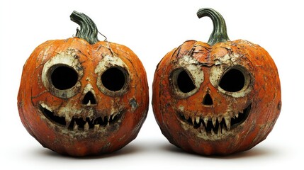 Pair of pumpkins with vintage, cracked masks, side by side on a white background, Halloween, classic and creepy