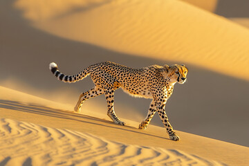 A cheetah gracefully prowls across the golden dunes, its sleek form and distinctive spots contrasting against the vast, sandy landscape