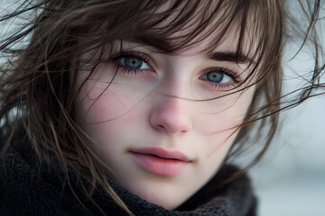 Wall Mural - Close-up portrait of a young woman with windblown hair, looking directly at the camera