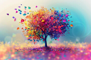 Wall Mural - Colorful Autumn Tree with Falling Leaves