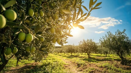 Olive grove in a Mediterranean fruit garden, with trees full of ripe olives under the sun