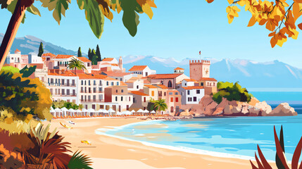 Poster - panorama of the old town and coast in Spain