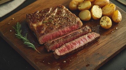 Wall Mural - Juicy Grilled Ribeye Steak with Roasted Potatoes on Wooden Board