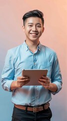 A cheerful young man stands holding a tablet and smiles warmly at the camera