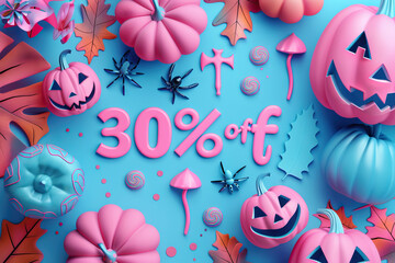 Teal Halloween sale design with a 30% discount text surrounded by pumpkins and spooky decor on a teal backdrop.