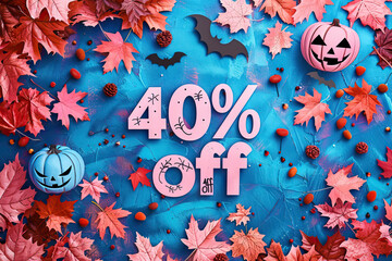 Vibrant Halloween sale banner featuring a spooky 40% off, surrounded by autumn leaves and jack-o'-lanterns on a blue background.