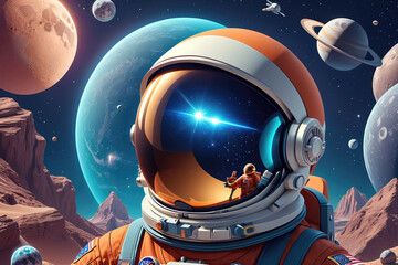 Wall Mural - Astronaut in Colorful Space Scene With Planets, Stars, and Other Celestial Bodies