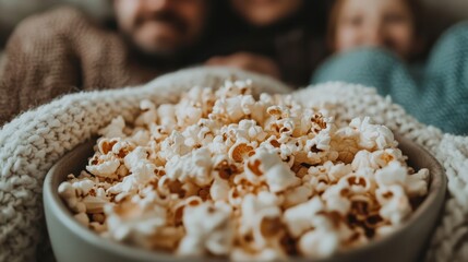 A close-up shot of a bowl filled with fresh popcorn placed on a cozy knitted blanket, creating a warm and inviting scene perfect for relaxation or movie night.