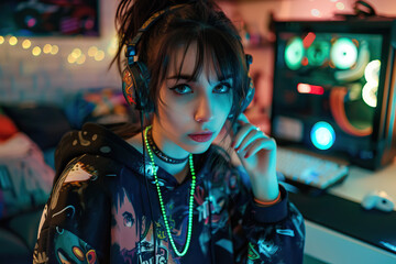 Focused young Caucasian female gamer in a neon-lit room with multiple computer screens, immersing in virtual worlds.