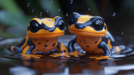 Poster - Illustration of a print of two cute and cheerful colorful baby salamanders in nature