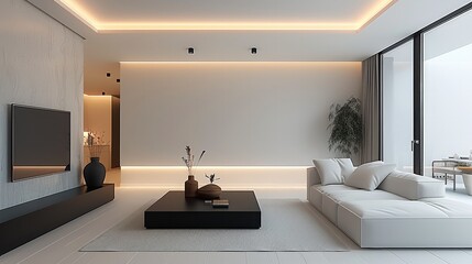 Poster - Modern minimalist living room, with white walls and a black coffee table, a white sofa, and a ceiling with long lights illuminating the entire space. Generative AI.