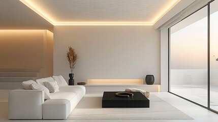 Poster - Modern minimalist living room, with white walls and a black coffee table, a white sofa, and a ceiling with long lights illuminating the entire space. Generative AI.