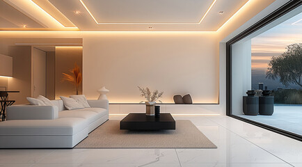 Poster - Modern minimalist living room, with white walls and a black coffee table, a white sofa, and a ceiling with long lights illuminating the entire space. Generative AI.