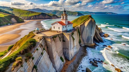 Bird's eye view of Itzurun beach's striking Flysch rock formations and 16th-century San Telmo chapel in picturesque Zumaia, a charming Basque coastal town in Spain.