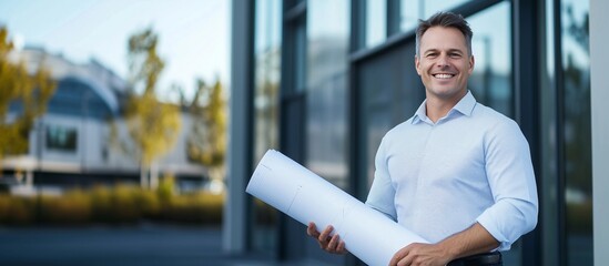 Smiling male architect stands outside modern office building with blueprints, professional photo.