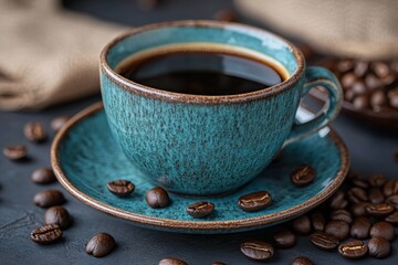 Wall Mural - A cup of freshly brewed coffee in a blue ceramic mug, surrounded by scattered coffee beans.