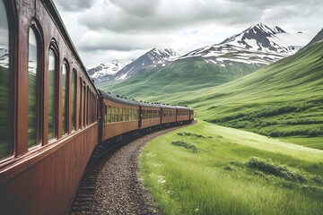 A vintage train with a view of a mountain.