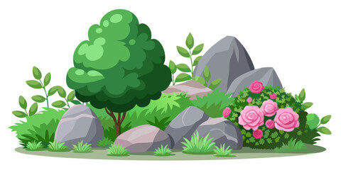 Wall Mural - Garden bush set, gray stones, nature landscape design elements, vector green spring shrub hedge. Blooming pink rose flower, granite rock boulder, summer vegetation. Garden bush clipart collection