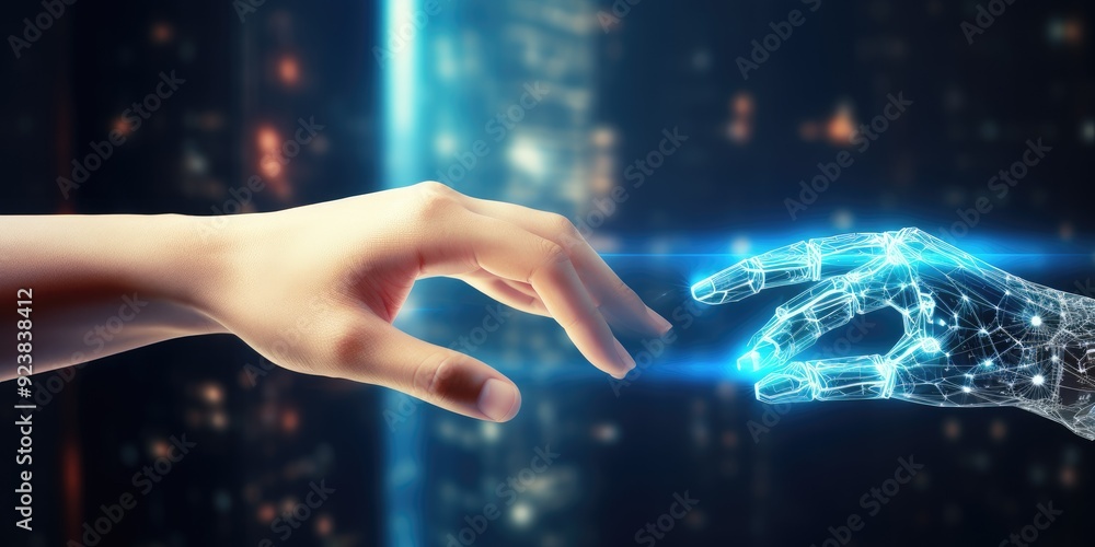 Robot hand and human touching on global virtual network connection ...