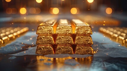 Poster - Elegant gold bars stack on reflective plate product. Generative AI.