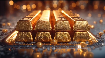 Poster - Elegant gold bars stack on reflective plate product. Generative AI.