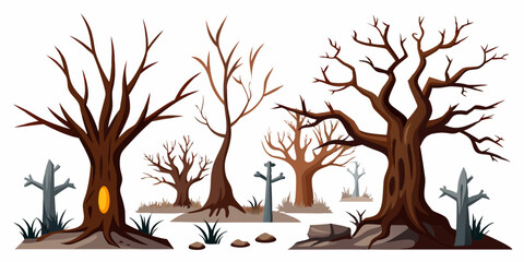 Dead trees vector set, scary autumn bark, dry bare branch silhouette, Halloween spooky forest. Cemetery winter oak wood kit, leafless trunk clipart on white bare roots. Environment icon - Royalty-free