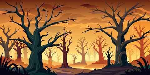 Dead trees vector set, scary autumn bark, dry bare branch silhouette, Halloween spooky forest. Cemetery winter oak wood kit, leafless trunk clipart on white bare roots. Environment icon - Royalty-free