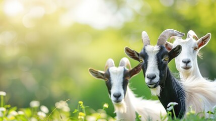 Wall Mural - Village goats with blurred background and space for text